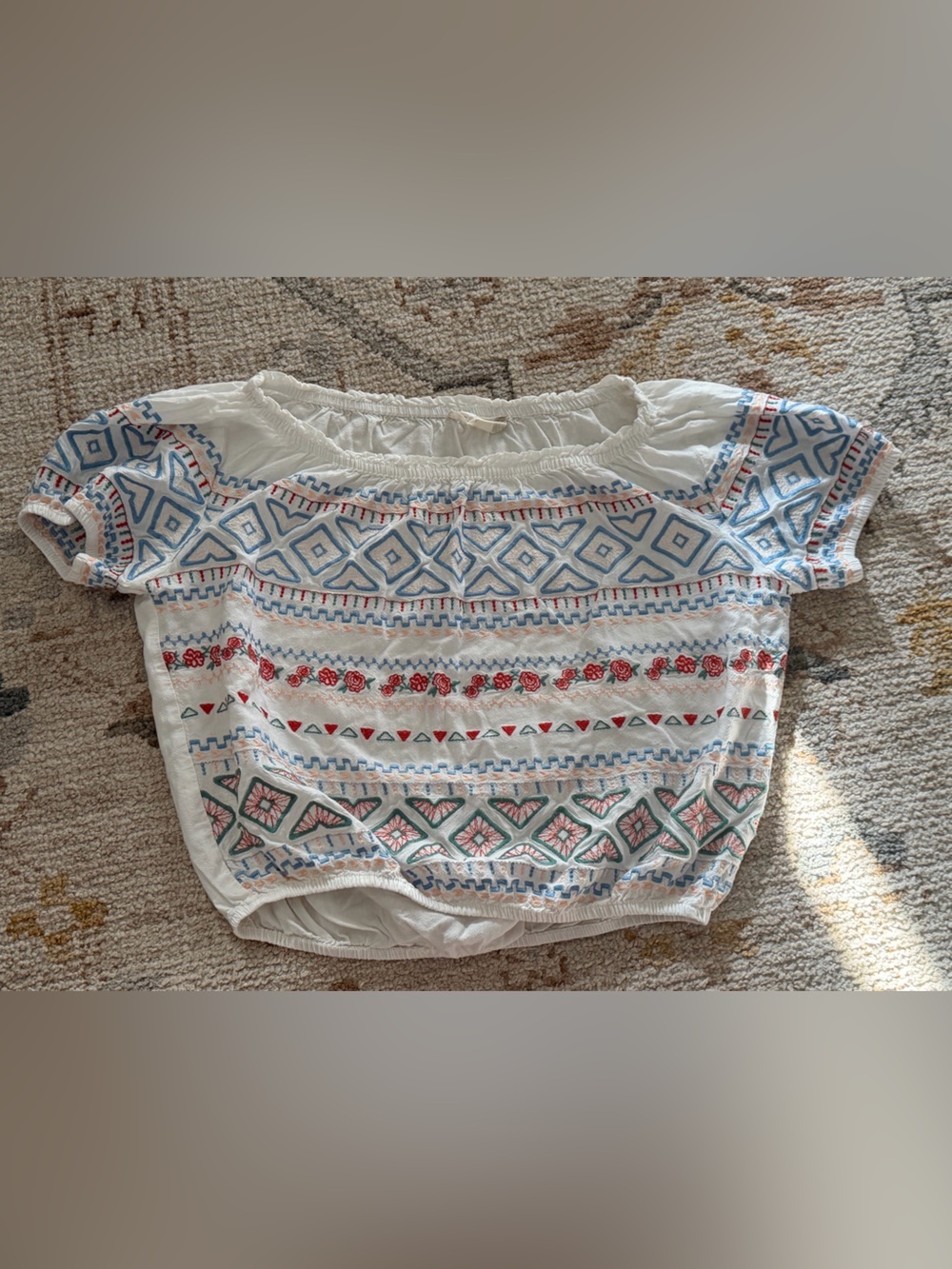 Altar'd State White Embroidered Aztec Crop Top with Blue and Red Accents